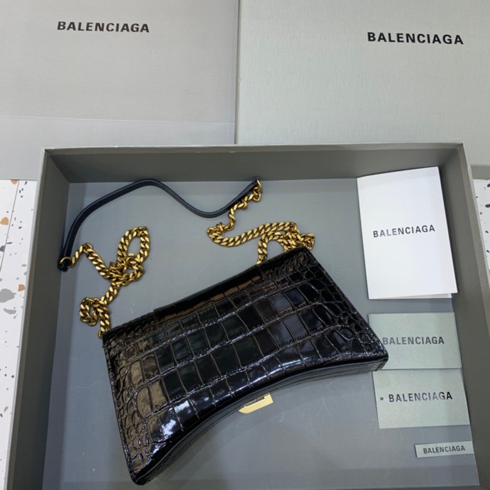 Balenciaga Big Hourglass Wallet With Chain Crocodile Embossed Shoulder Bag Black